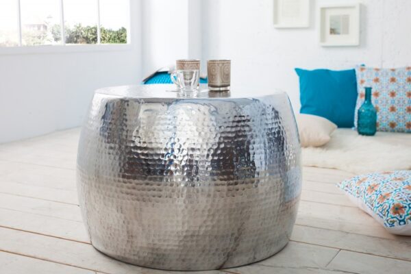 Moderní kulatý orientální stolek - do obývacího pokoje, rozměr 60cm x 40cm x 60cm, stříbrný