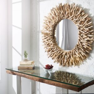 Moderní kulaté zrcadlo - rustikální, teakové dřevo, do předsíně nebo obývacího pokoje, rozměr Ø celkem