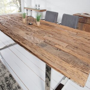 Masivní stůl do jídelny - ze zvětralého teakového dřeva, stříbrný kovový rám, rozměr 200 cm x 75 cm x 100 cm