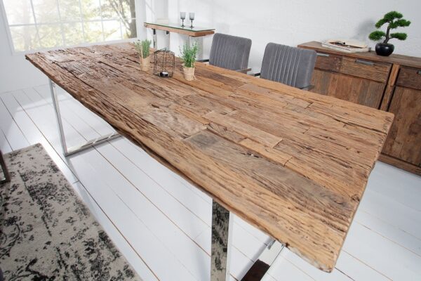 Masivní stůl do jídelny - ze zvětralého teakového dřeva, stříbrný kovový rám, rozměr 200 cm x 75 cm x 100 cm