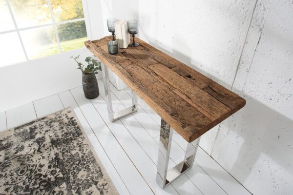 Stylový odkládací stolek do obývacího pokoje nebo chodby - z teakového dřeva, stříbrné kovové nohy, rozměr 120 cm x 80 cm x 40 cm
