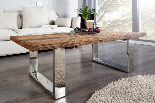 Stylový stolek do obývacího pokoje - vyrobený z teakového dřeva, stříbrné masivní nohy, rozměr 110 cm x 40 cm x 60 cm