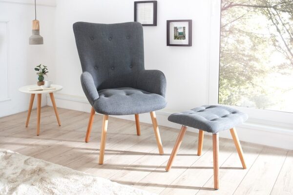 Moderní křeslo a stolička ve skandinávském stylu - polstrování, bukové dřevo, rozměr křesla 50 cm x 100 cm x 80 cm, šedá