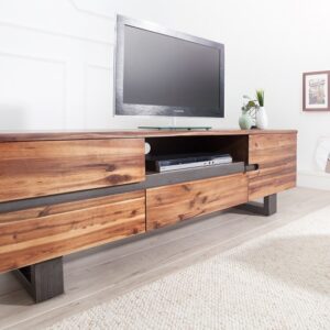 Moderní stolek pod televizi - z masivního dřeva akácie, přihrádky a zásuvky, rozměr 160 cm x 50 cm x 45 cm