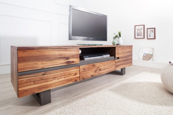 Moderní stolek pod televizi - z masivního dřeva akácie, přihrádky a zásuvky, rozměr 160 cm x 50 cm x 45 cm