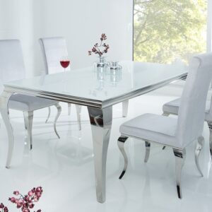 Designový barokní stůl do jídelny - bílá deska z bezpečnostního skla, stříbrné nohy, rozměr 180 cm x 75 cm x 90 cm