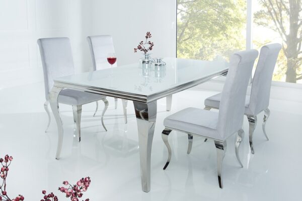 Designový barokní stůl do jídelny - bílá deska z bezpečnostního skla, stříbrné nohy, rozměr 180 cm x 75 cm x 90 cm
