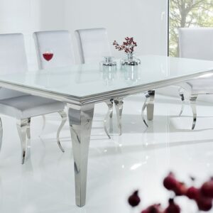 Designový barokní stůl do jídelny - bílý deska z bezpečnostního skla, stříbrné nohy, rozměr 180cm x 75cm x 90cm