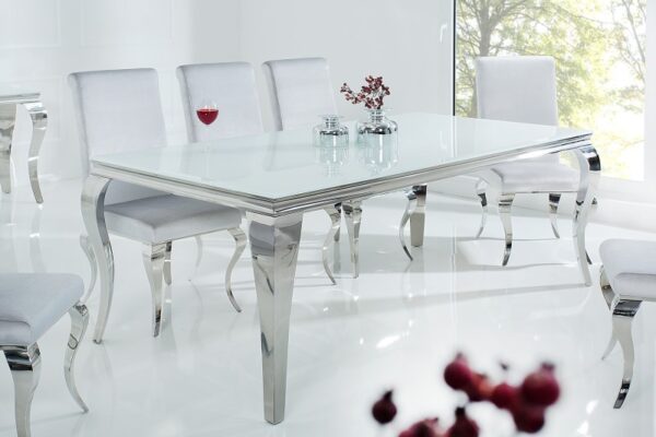 Designový barokní stůl do jídelny - bílý deska z bezpečnostního skla, stříbrné nohy, rozměr 180cm x 75cm x 90cm