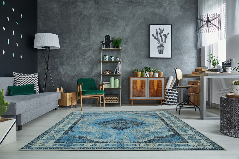 Designový velký koberec - starožitný vzhled, do obýváku nebo ložnice, rozměr 240cm x 160cm, modrý