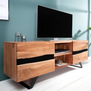 Nadčasový stolek pod televizi - z masivního dřeva akácie, černé detaily, rozměr 160cm x 65cm x 43cm