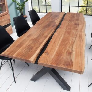 Velký rodinný jídelní stůl - vyrobený z masivní akácie, černé kovové nohy, industriální styl, rozměr 200 cm x 75 cm x 98 cm