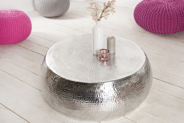 Luxusní orientální odkládací stolek - do obývacího pokoje, kulatý stolek, ze slitiny kovu, rozměr 80 cm x 30 cm x 80 cm, stříbrný