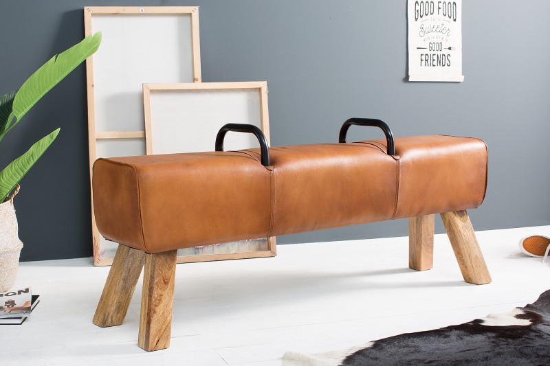Stylová lavice do obývacího pokoje nebo chodby - z pravé kůže, masivní dřevěné nohy, rozměr 134 cm x 60 cm x 35 cm