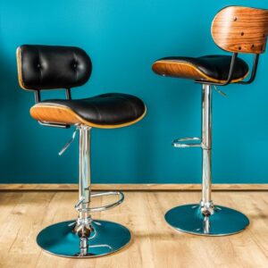 Retro designová barová židle - do jídelny nebo obývacího pokoje, ze dřeva ořechu a imitace kůže, možnost otáčení, rozměr 51 cm x 95-115 cm x 57 cm