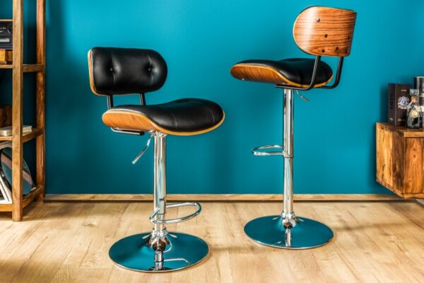 Retro designová barová židle - do jídelny nebo obývacího pokoje, ze dřeva ořechu a imitace kůže, možnost otáčení, rozměr 51 cm x 95-115 cm x 57 cm