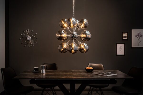 Designová lampa do jídelny - stříbrný kov, nevšední design, rozměr 72 cm x 72 cm x 72 cm