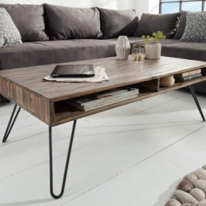 Nadčasový retro stolek do obývacího pokoje - z akáciového dřeva, dvě přihrádky, retro styl, rozměr 110cm x 40cm x 60cm