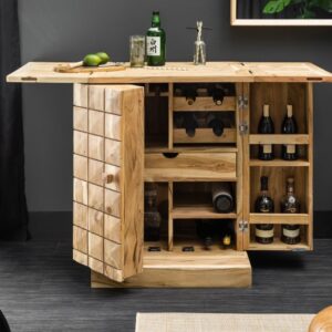 Masivní barová skříňka, s úložným prostorem, přírodní akátové dřevo, rozměr 65-130 cm x 90 cm x 50 cm