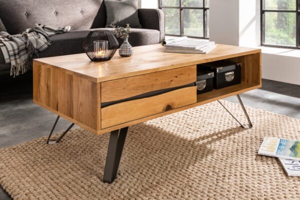 Nadčasový konferenční stolek z dubového dřeva - do obývacího pokoje, zásuvky a otevřený prostor, rozměr 110 cm x 45 cm x 60 cm
