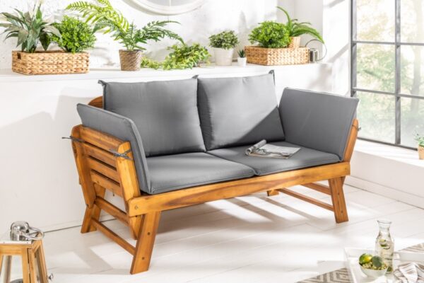 Zahradní lavice ze dřeva akácie - šedý potah, možnost složení, rozměr 152-190cm x 75cm x 68cm