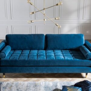 Designová pohovka se sametovým potahem - moderní design, robustní rám, rozměr 220 cm x 95 cm x 85 cm, modrá