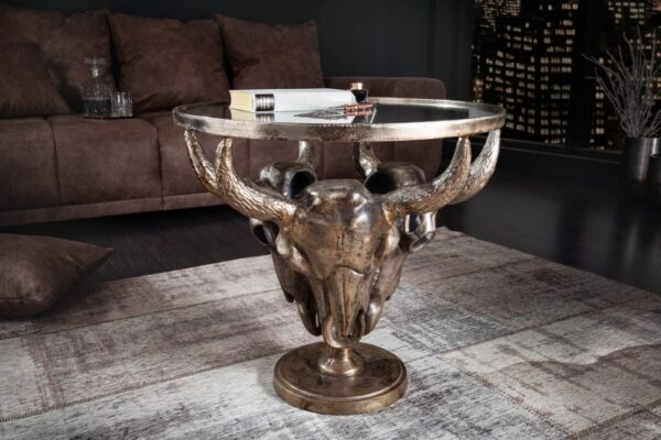 Luxusní stolek do obýváku - základnu tvoří tři býčí hlavy, bronzový, rozměr 56 cm x 53 cm x 56 cm