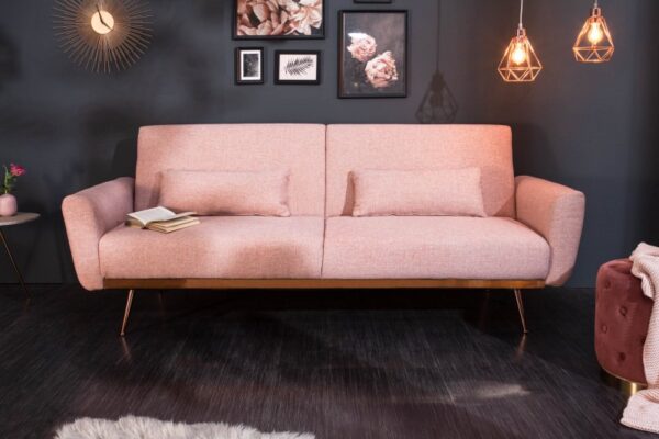 Moderní pohovka pro hosty - možnost rozložení, růžový potah, zlaté nohy, retro styl, rozměr 210 cm x 86 cm x 82 cm