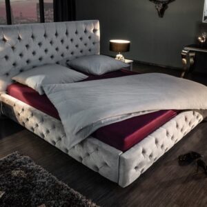 Designová retro postel - šedý sametový potah, dekorativní prošívání, rozměr 190cm x 138cm x 220cm