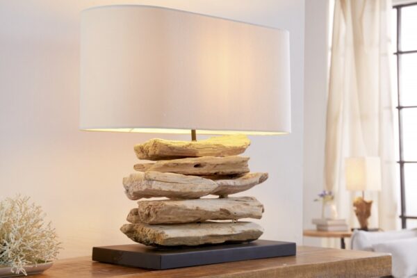 Moderní stolní lampa na čtení - do obývacího pokoje, základna z přírodního dřeva, rozměr 55 cm x 50 cm