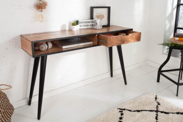 Nadčasový konzolový stolek do obývacího pokoje - vyrobený z masivního mangového dřeva, černé nohy, šuplík a zásuvka, rozměr 120 cm x 75 cm x 35 cm