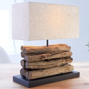Moderní lampa na čtení v nude odstínech - základna z naplaveného dřeva, rozměr 35 cm x 40 cm x 15 cm