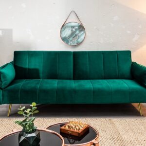 Luxusní rozkládací pohovka - smaragdově zelený sametový potah, dekorativní prošívání, rozměr 215cm x 85cm x 91cm