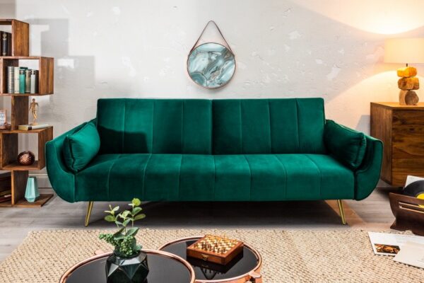 Luxusní rozkládací pohovka - smaragdově zelený sametový potah, dekorativní prošívání, rozměr 215cm x 85cm x 91cm
