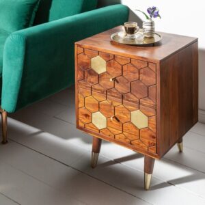 Luxusní masivní noční stolek - vyrobený ze dřeva akácie, design připomíná medové plástve, retro design, rozměr 40 cm x 55 cm x 35 cm