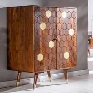 Luxusní barová skříňka z masivního dřeva akácie - do obývacího pokoje nebo jídelny, design připomíná medové plástve, rozměr 75 cm x 96 cm x 46 cm