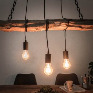 Rustikální závěsná lampa z recyklovaného trámu - nastavitelná výška, na 3 žárovky, rozměr 70-73cm x 112cm x 5-10cm