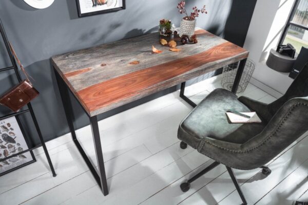 Moderní psací stolek z masivního palisandrového dřeva - nábytek do pracovny, černé kovové nohy, rozměr 118 cm x 76 cm x 60 cm