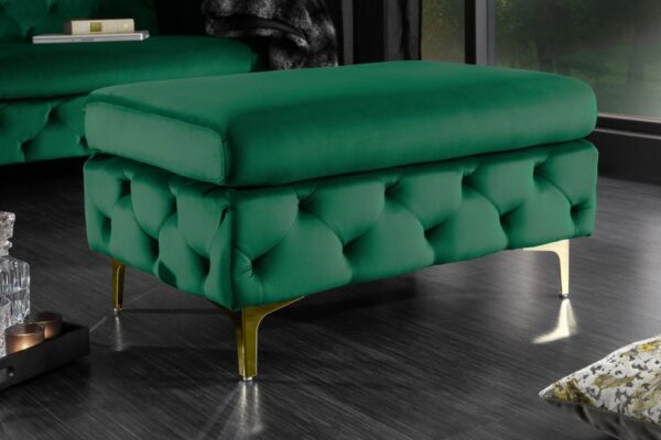 Luxusní sametový taburet - pružinové polstrování, moderní zelená barva, rozměr 92cm x 45cm x 62cm
