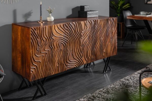 Moderní komoda z přírodního mangového dřeva - do obývacího pokoje nebo do jídelny, originální dekor, industriální styl, rozměr 160 cm x 86 cm x 45 cm