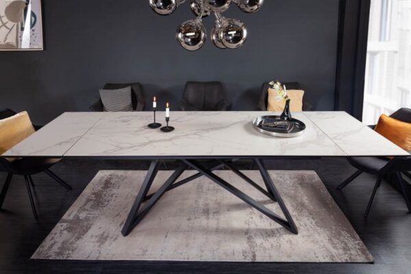 Velký stůl do jídelny - z bezpečnostního skla, mramorový dekor, rozměr 180-220-260cm x 76cm x 90cm, bílo šedá barva