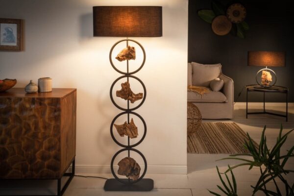 Moderní lampa do obývacího pokoje - základna ze dřeva masivní akácie, stínítko z bavlny, rozměr 55 cm x 147 cm x 21 cm
