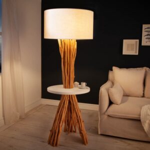Luxusní stojací lampa ze dřeva - vyrobená z větví stromu longan, stínidlo ze lnu, rozměr 50 cm x 153 m x 50 cm