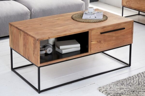 Moderní industriální stolek do obývacího pokoje - z masivního akáciového dřeva, úložný prostor, rozměr 110 cm x 50 cm x 60 cm