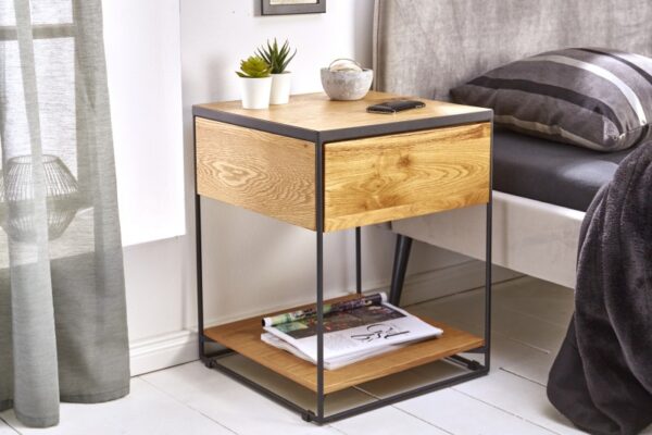 Stylový industriální noční stolek - dýha z pravého dřeva, šuplík, černý kovový rám, rozměr 40 cm x 50 cm x 40 cm