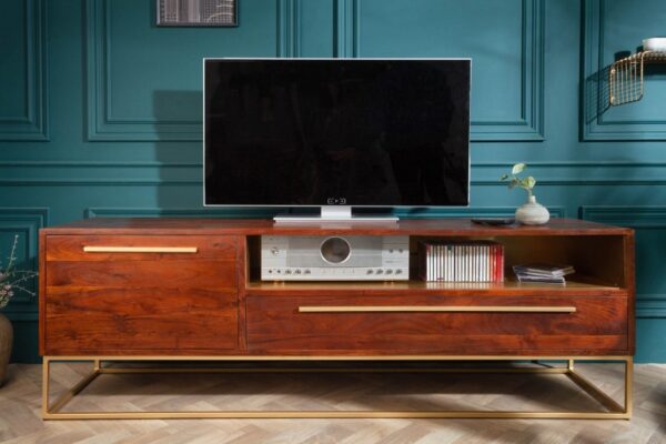 Luxusní retro televizní stolek - vyrobený ze dřeva akácie, zlatý kovový rám, přihrádky na úložný prostor, rozměr 165 cm x 60 cm x 40 cm