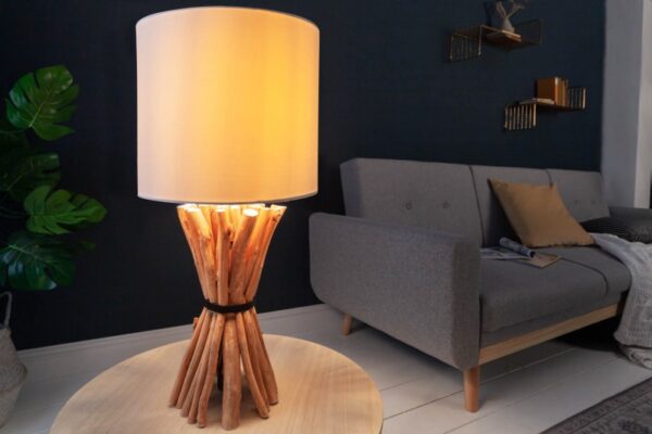 Moderní lampa do obýváku nebo ložnice - stínítko ze lnu a základna ze dřeva longan, rozměr 31 cm x 173 cm x 31 cm