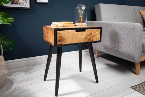 Designový industriální stolek do ložnice - z mangového dřeva, úložný prostor, rozměr 45 cm x 57 cm x 33 cm