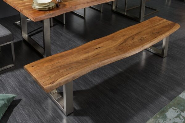 Moderní lavice k jídelnímu stolu - deska z masivního dřeva akácie, stříbrné kovové nohy, rozměr 200 cm x 45 cm x 40 cm