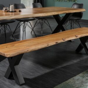 Designová masivní lavice do jídelny - vyrobená ze dřeva akácie, industriální vzhled, rozměr 200 cm x 45 cm x 40-48 cm